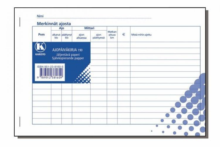 Ajopäiväkirja A5 vaaka suomi jäljentävä paperi 50 sivua