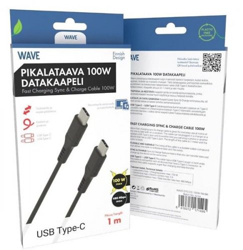 Datakaapeli Wave 100w 1m USB-C/ USB-C musta