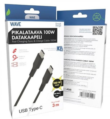 Datakaapeli Wave 100w 3m USB-C/ USB-C musta