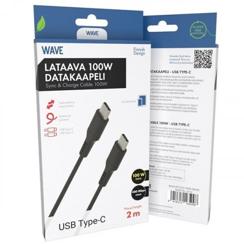 Datakaapeli Wave 100w USB-C/USB-C 2m musta
