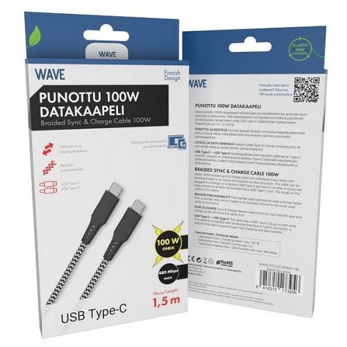 Datakaapeli Wave punottu 100W USB Type-C 1,5m mustavalk.