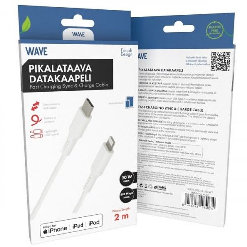 Datakaapeli Wave USB-C/ Lightning 2m valkoinen