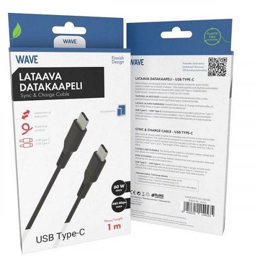 Datakaapeli Wave , USB-C/USB-C 1m, Musta