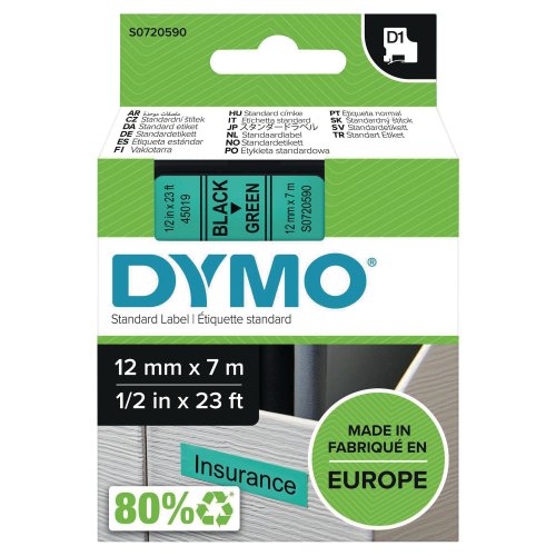 Teippi Dymo s072059 d1 12mm musta/vihre