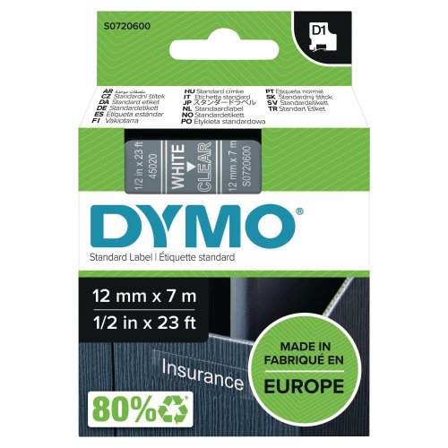 Dymo® nauha d1 12mm x 7m valkoinen/kirkas