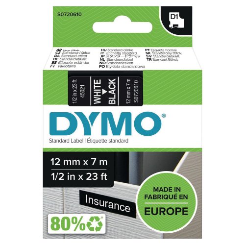 Teippi Dymo s0720610 d1 12 mm valk/musta