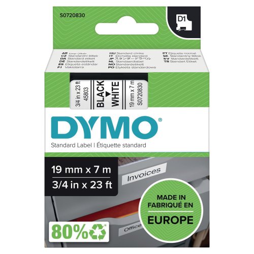 Teippi Dymo s0720830 d1 19mm musta/valk