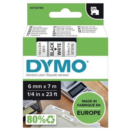Teippi Dymo s0720780 d1 6mm musta/valk.