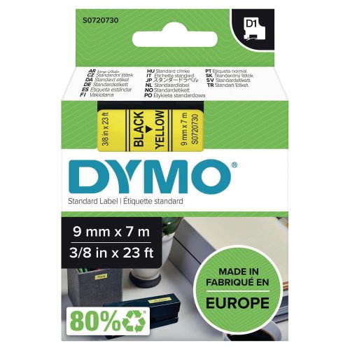 Teippi Dymo s0720730 d1 9mm musta/kelt, hinta 15,57€