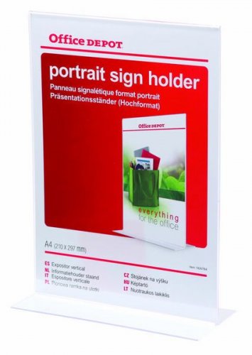 135143 Esiteteline Office Depot A4 T-malli on kirkas pöydälle laitettavaksi suunniteltu julkisiin tiloihin ja toimistoihin sopiva teline. Esitetelineen jalka on tukeva. Katso muitakin esitetelineitä verkkokaupastamme.