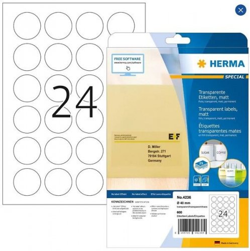 Etiketti Herma 4236 kirkas Ø 40mm A4 600kpl