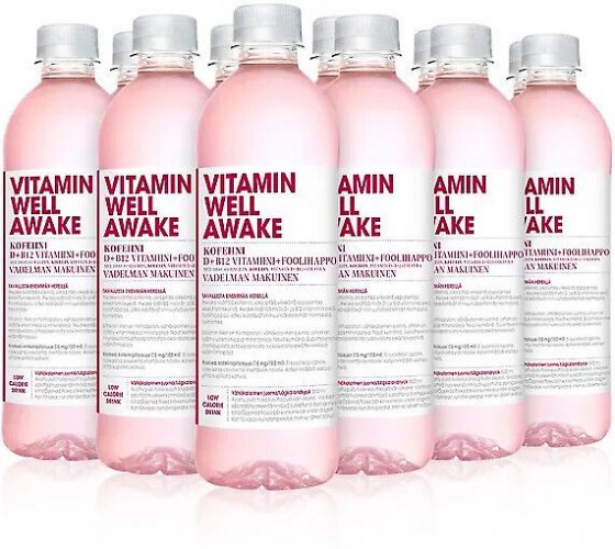 Hyvinvointijuoma Vitamin Well Awake Vadelma sis.Kofeiinia 12x0,5 l
