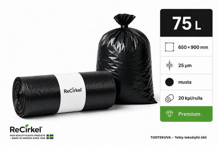 Jätesäkki Premium LDPE 75L musta 650x900mm 25mic