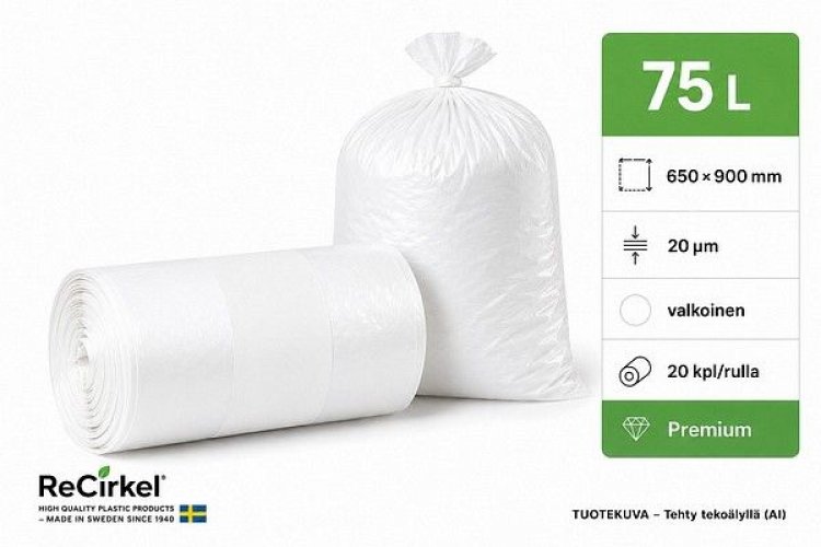 Jätesäkki Premium LDPE 75L valkoinen 650x900mm 20mic