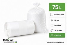 Jätesäkki Premium LDPE 75L valkoinen 650x900mm 20mic 20kpl