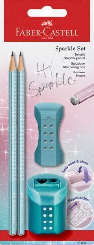 Kirjoitussetti Faber-Castell Sparkle ocean 2kynää teroitin pyyhekumi