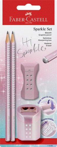 Kirjoitussetti Faber-Castell Sparkle rose 2kynää teroitin pyyhekumi