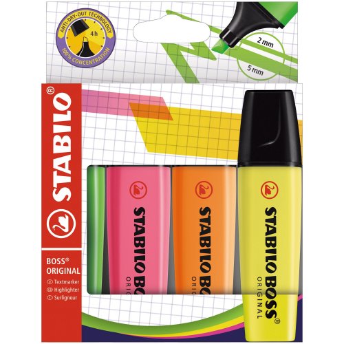 Korostuskynä Stabilo boss viisto 2-5mm värilajitelma 4kpl