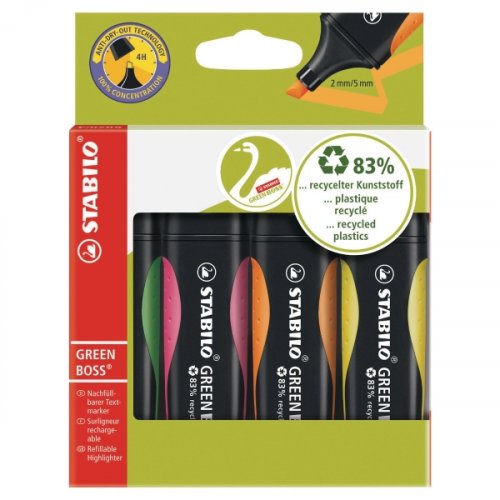 Korostuskynä Stabilo green boss viisto 2-5 mm värilajitelma 1 kpl=4 kynää 4kpl