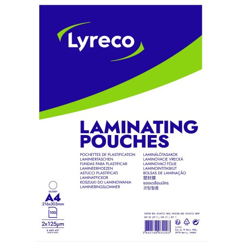Laminointitasku A4 Lyreco 2x125mic kirkas 100kpl laminointikalvo