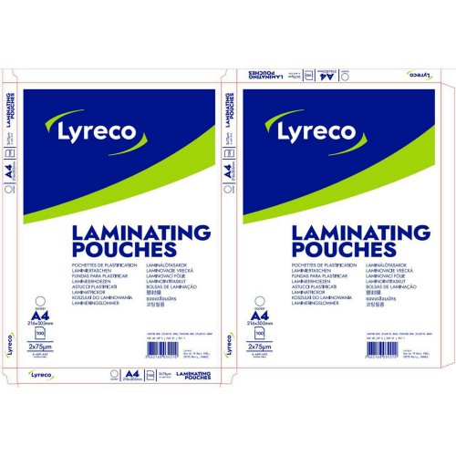 Laminointitasku A4 Lyreco 2x75mic kirkas 100kpl laminointikalvo