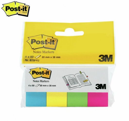 Teippimerkki Post-it 670/4U 20x38mm värilajitelma 4x50kpl