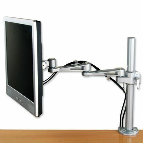 150073 Monitorivarsi LCD on monipuolinen helpposäätöinen hopeanharmaasta teräksestä valmistettu kolminivelinen monitorivarsi, jossa on korkeussäätö ja kääntyminen vaaka-asenton. Monitorivarren kiertosäden on 360 astetta.