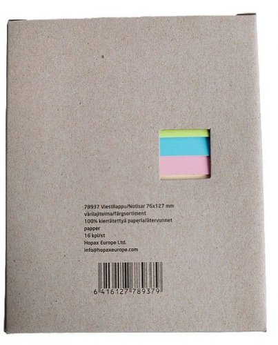 Muistilappu 76x127mm värilajitelma 100% kierrätettyä paperia 16x100kpl