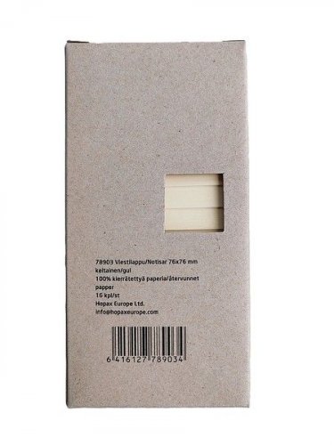 Muistilappu 76x76mm keltainen 100% kierrätettyä paperia 16x100kpl