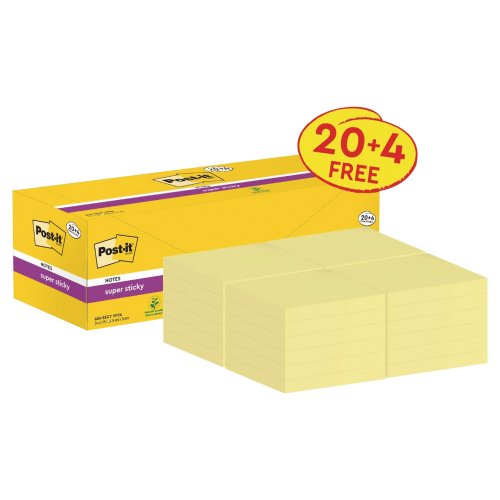 Muistilaput Post-it® super sticky 654-sscy säästöpakkaus 76 x 76mm kanariankelt 24kpl
