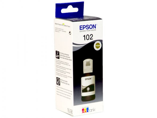 Mustepullo EPSON 102 EcoTank musta 70ml, riittoisa väripullo edulliseen tulostukseen