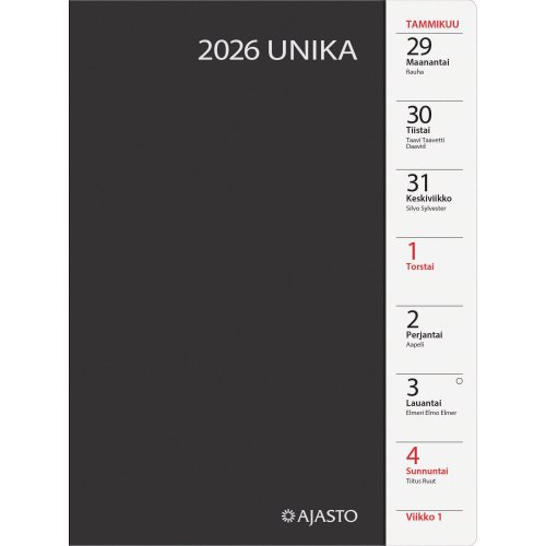 Pöytäkalenteri Ajasto Unika 2026 musta 148 x 210mm