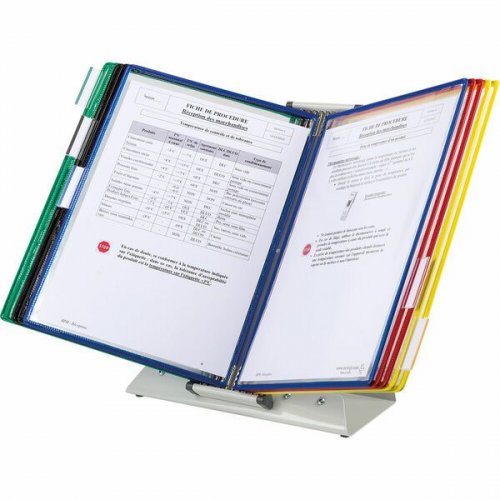 Selailuteline eli pöytäteline Tarifold on harmaa 10 taskun selailuteline, jossa on kirkkaat taskujen värit, Tarifold taskuihin mahtuu A4-kokoinen dokumentti, pöytätelineellä on tukeva harmaa jalka, nyt Ecolta hyvät Tarifold selailutelineet halpaan hintaan