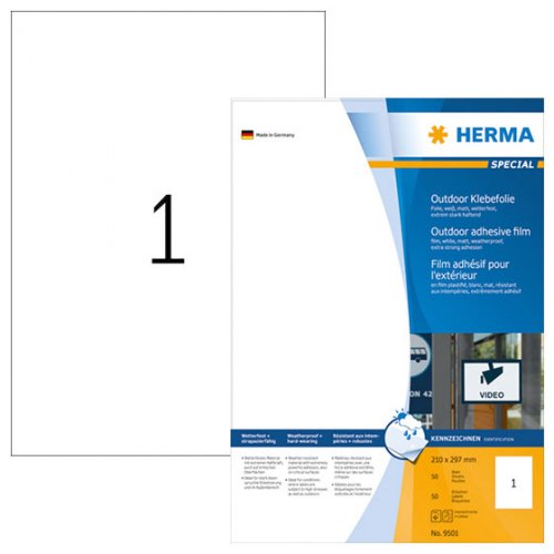 Säänkestävä tarra-arkki Herma Special 9501 A4/1-os matta 210x297mm 50ark
