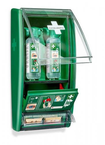 530300 Silmänhuuhteluasema Cederroth on monipuolinen ja helppokäyttöinen silmien huuhteluun ja hoitamiseen tarkoitettu lukittava ensiapuasema, jossa on laastereita, silmänhuuhtelupullo ja silmänhuuhteluohjeet.