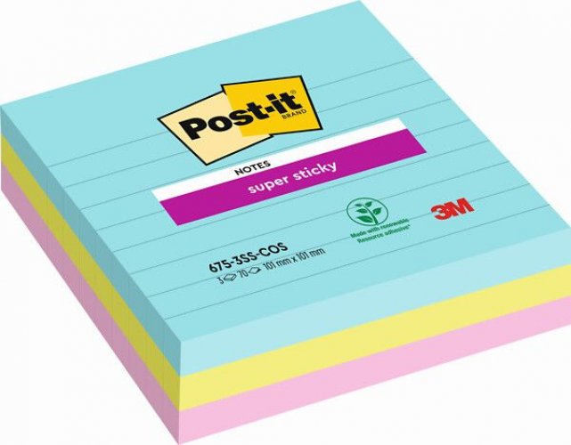 Muistilappu Super Sticky Cosmic viivat 3 väriä 101x101mm 3x70kpl