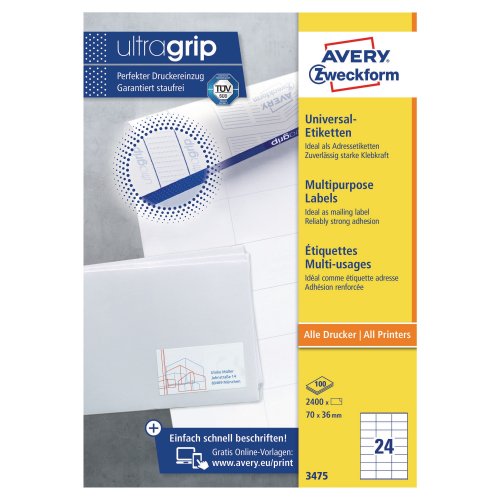 Tarra-arkki Avery 3475 70 x 36mm 24-osainen 2400kpl