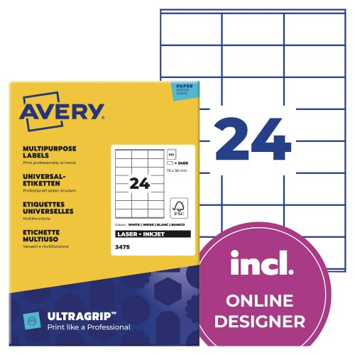 Tarra-arkki avery 3475 70x36mm 2400kpl