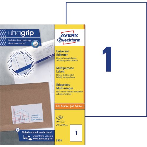 Tarra-arkki Avery 3478 210 x 297mm 1-osainen 100kpl
