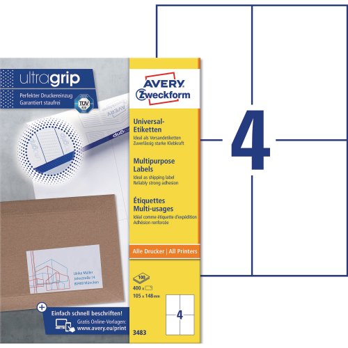 Tarra-arkki Avery 3483 105 x 148mm 4-osainen 400kpl