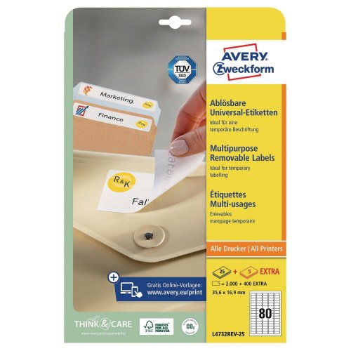 Tarra-arkki Avery l4732 35,6 x 16,9mm 80-osainen irtoava liima 2000kpl