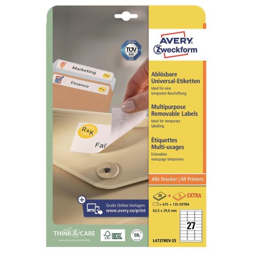 Tarra-arkki Avery l4737 63,5 x 29,6mm 27-osainen irtoava liima 675kpl