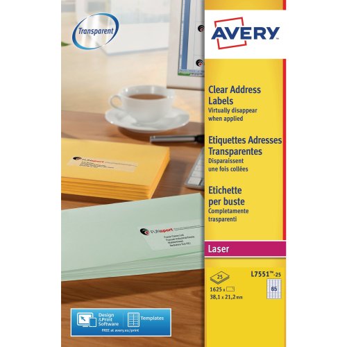 Tarra-arkki Avery l7551 38,1 x 21,2mm 65-osainen kirkas 1625kpl