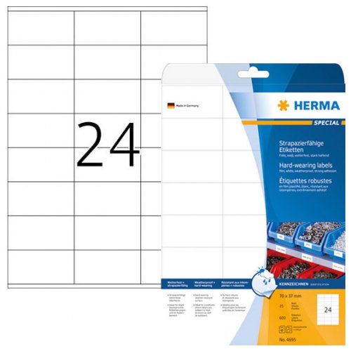 Säänkestävä tarra-arkki Herma Special 4695 A4/24-os 70x37mm 25ark