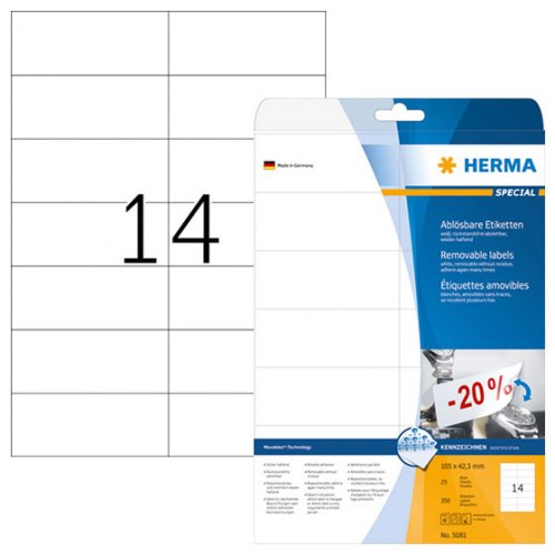 Tarra-arkki siirrettävä Herma 5081 A4 105x42,3 14-os., 25ark/ltk