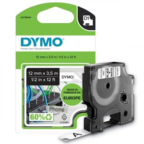 Tarranauha Dymo 12mmx3,5m musta/valkoinen flexible nylon 