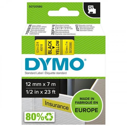 Tarranauha dymo d1 12mm x 7m musta/keltainen