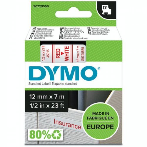 Tarranauha dymo d1 12mm x 7m punainen/valkoinen