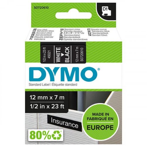 Tarranauha dymo d1 12mm x 7m valkoinen/musta