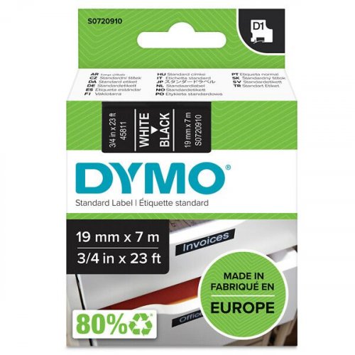 Tarranauha dymo d1 19mm/7m valkoinen/musta